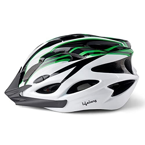 Lifelong Adjustable Cycling Helmet With Detachable Visor(LLFAH08, Black & White & Green