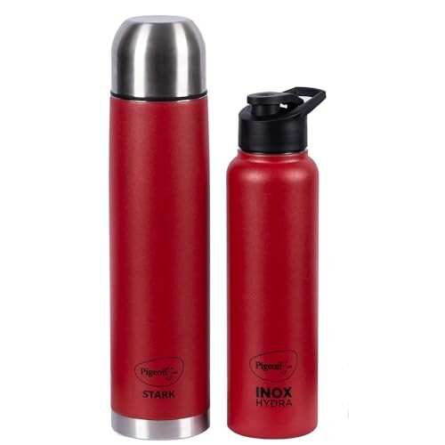 Pigeon by Stovekraft Therminox Stark Plus Vacuum Insulated Flask 1000ml + INOX Hydra Single Walled Fridge Bottle 900ml Bottle Combo, (Red)
