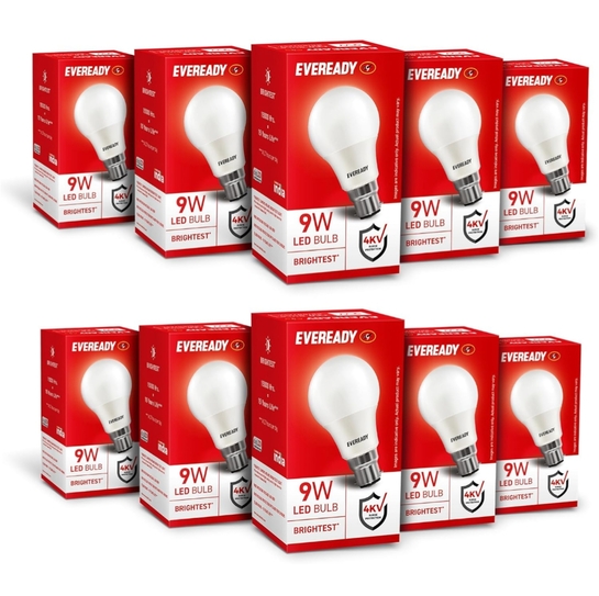 Eveready 9W LED Bulb, Cool Day Light (6500K), B22 Base, Energy-Efficient, 4kV Surge Protection, Long-Lasting Durability - Pack of 10