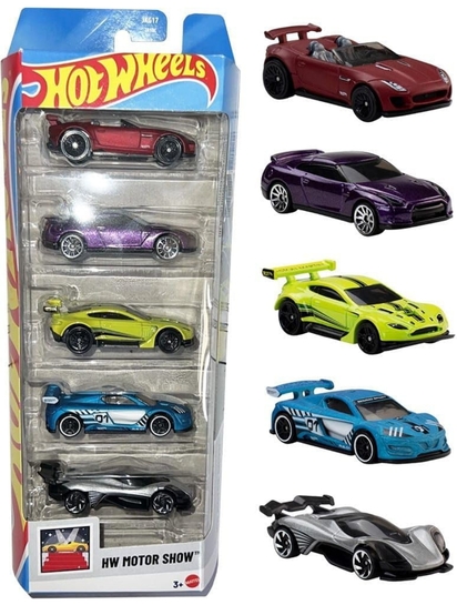 Hot Wheels Car 2026 Motor Show Pack of 5 (15 Jaguar F-Type Project 7, 2009 Nissan GT-R, Aston Martin Vantage GT3, Celero GT, Renault Sport R.S. 01) Multi - Color