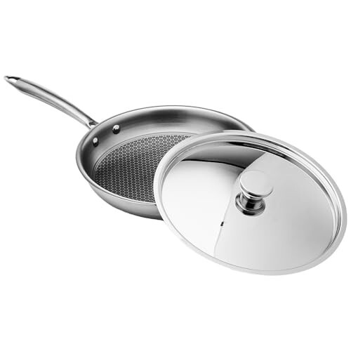 Amazon Basics Non-Stick Honeycomb Triply Stainless Steel Frying Pan with Steel Lid, 24 cm - 1.7L, Fast & Even Heating, Induction & Gas Compatible