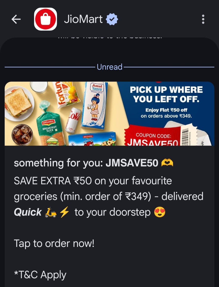 JioMart New coupon: Flat ₹50 OFF on ₹349+ Orders via Coupon JMSAVE50