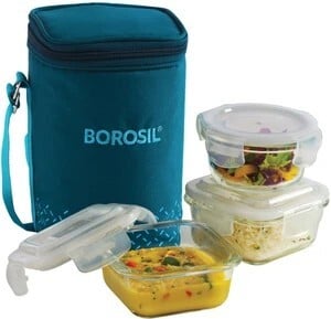 BOROSIL Teal Bag, 3 Pc (320 ml x 2 + 240ml x 1 ), Office Tiifin 3 Containers Glass Office Lunch Box (880 ml)