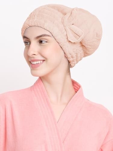 Cortina Microfiber Hair Towel Cap, Soft Absorbent Quick Drying Wrap for Curly Thick Hair, Women Girls - Pack of 1, Beige