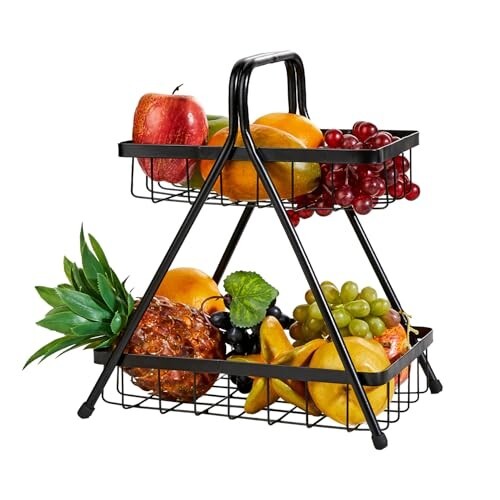 Amazon Brand - Solimo High Grade Metal 2-Tier Fruit & Vegetable Basket | Iron | Black Powder-Coated Finish | Space-Saving Kitchen Organizer