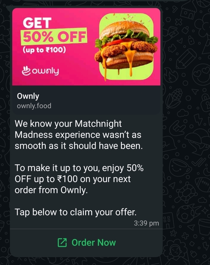 Ownly food offer 50% off upto 100rs