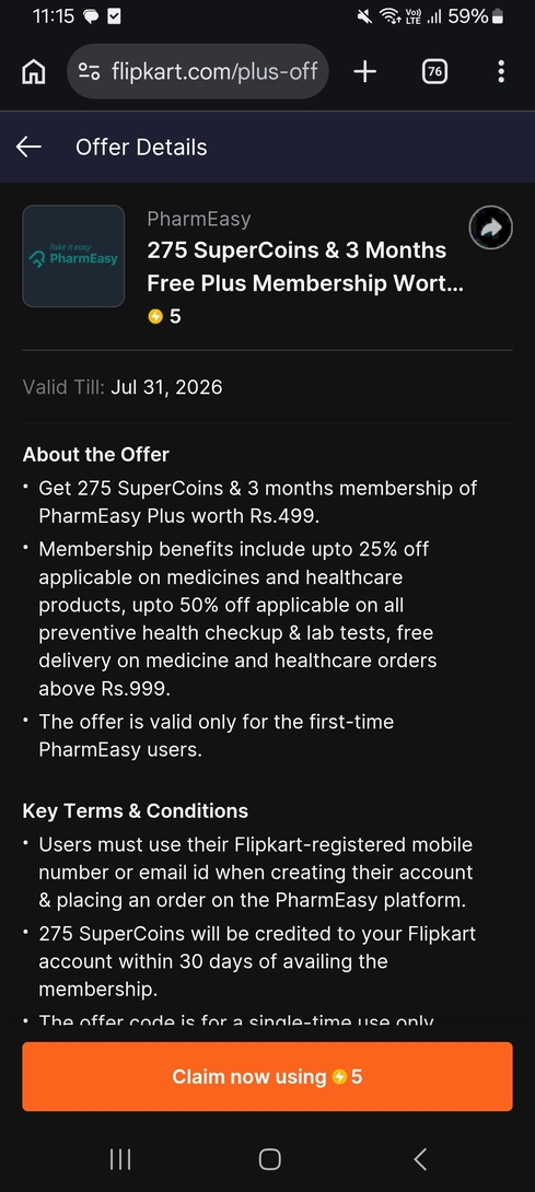 Flipkart earn 275 supercoins by signing up free pharmeasy plus