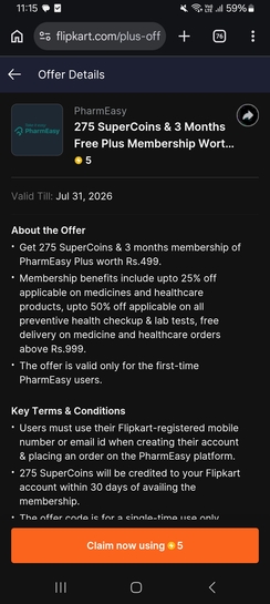 Flipkart earn 275 supercoins by signing up free pharmeasy plus