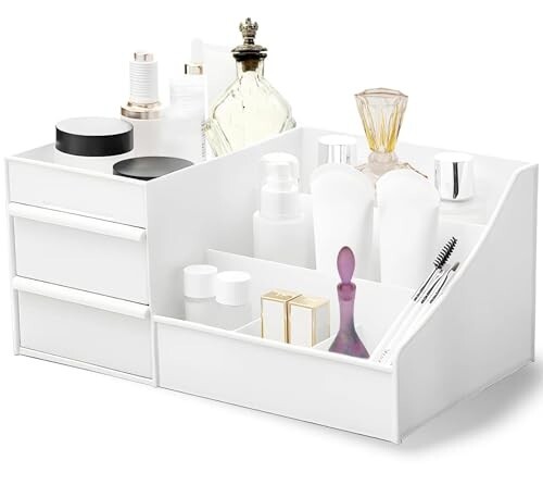 COOFANDY Makeup Organizer, Skin Care Organizers and Storage Box with Drawers for Vanity, Bathroom Countertop Holder for Lipstick Skincare Perfume Brush, Dresser Desk Top Cosmetics Display Case (White)