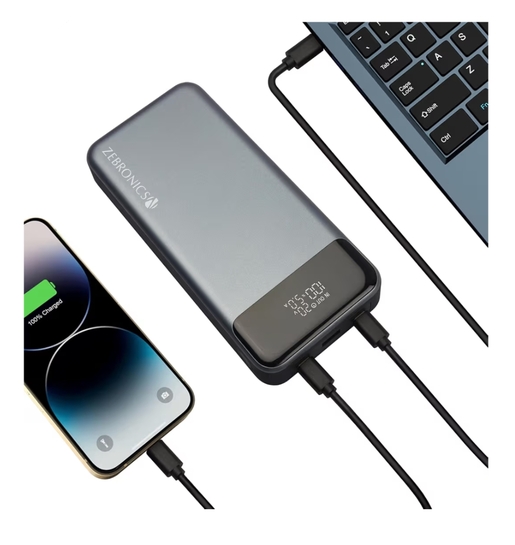 ZEBRONICS EnergiPOD 27R3 Power Bank, 27000 mAh, 100W, PD 3.0 Type C, Rapid Charging, Outputs - Dual Type C | USB A, LED Display, Auto Protections, Flight Friendly, Made in India (Black+Grey)