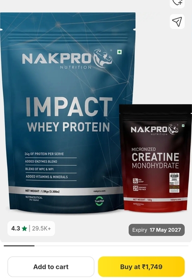 Nakpro Impact Whey Protein Isolate & Concentrate 1.5kg + Creatine Monohydrate 100g | Whey Protein (1.6 kg, Malai Kulfi + Tangy Orange)