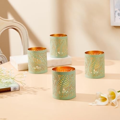 Amazon Brand - Solimo Tea Light Votive – Round Leaf Design, Sea Green Iron Set of 4