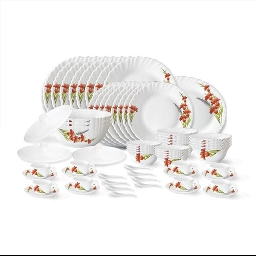 Larah by Borosil Red Iris Fluted Series Opalware Dinner Set | 63 Pieces 