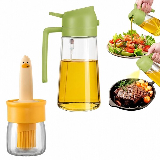 TRYV 2-in-1 Oil Dispenser and Sprayer | 470ml Glass Bottle + 200ml Brush Bottle | BBQ Baking