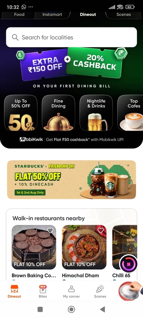 Starbucks 50% off  swiggy dineout