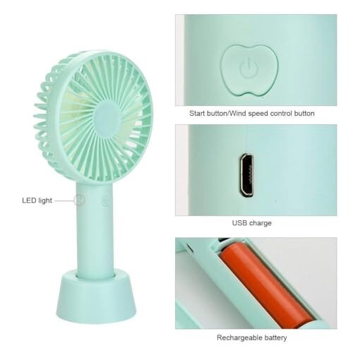 Portable Handheld Fan, USB Rechargeable, 3 Speed Settings, Mini Desk Fan with Stand, Green, for Office Bedroom Outdoor Travel
