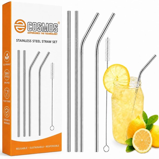 E-COSMOS® Reusable Stainless Steel Straws for Drinking with Brushes 8.5 Inches BPA-Free Metal, Thick, Long (2 Bent + 2 Straight +1 Brush)