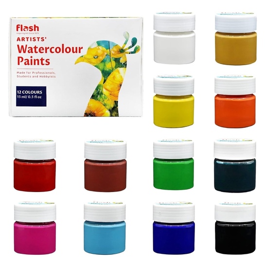 Flash Watercolour Set of 12 | 15ml Each | Rich Pigments | Non Toxic | Kids Artists Professionals