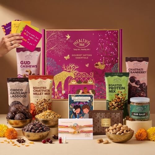 Healthy Treat Anmol Rakhi Gift Hamper for Brother with Snacks, 14 Items 