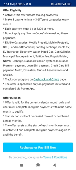 Get 10000 gold coins on payment of 3 bills and recharge from different categories 