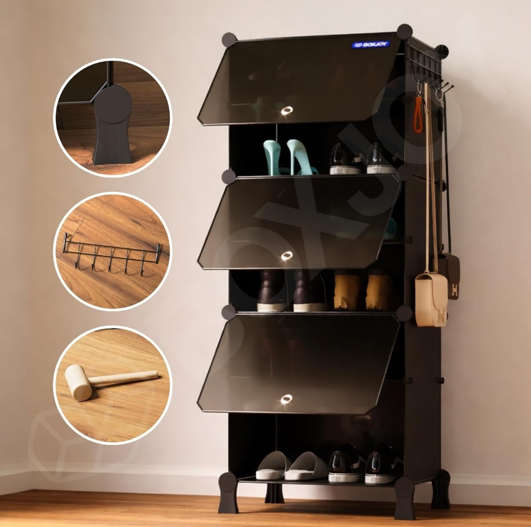 BOXJOY 6 Shelf Black Shoe Rack with 3 Doors, 5 Hook Steel Holder & Wooden Hammer Home Storage PP Plastic Organizer with Metal Door Frame and Foots for Chappal Slipper Sandals Shoes Box Stand