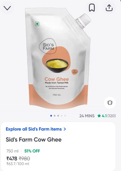 Instamart; Sid farm 750ml ghee at 478