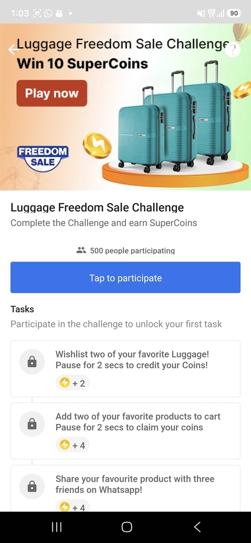 Flipkart - Luggage Freedom sale challenge win 10 super coins