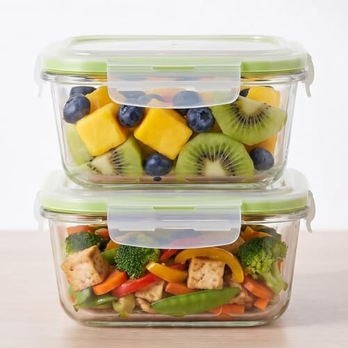 Glass Food Storage Containers Set of 2 (830ml Each) | Square Airtight Leakproof Lunch Boxes with Locking Lid | Microwave Freezer Safe Meal Prep Containers for Kitchen, Office & Travel Use