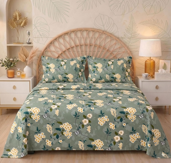 VAS COLLECTIONS Floral Printed King Size Cotton Bedsheet with 2 Pillow Covers | Luxury Double Bed Bedding Set 86x88 Inches | Ultra Soft, Breathable & Wrinkle Resistant (Pastel Eucalyptus)