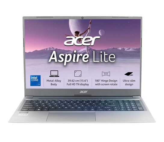 Acer Aspire Lite, Intel Core 3-100U Processor, 8GB DDR4 RAM/512GB SSD, 39.62cm/15.6" FHD IPS Display, Win 11 Home, Steel Gray, 1.59 Kg,AL15-53, Thin & Light Laptop