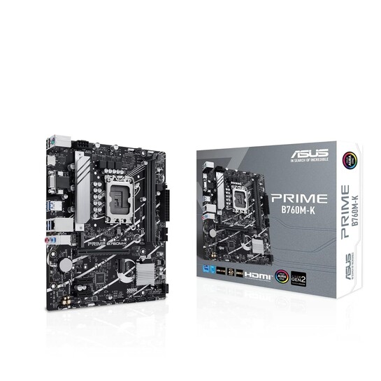ASUS Prime B760M-K, an Intel B760 LGA 1700 mATX Motherboard with PCIe 4.0, Two PCIe 4.0 M.2 Slots, DDR5, Realtek 2.5Gb Ethernet, VGA, HDMI, SATA 6 Gbps, Front USB 3.2 Gen 1, Aura Sync