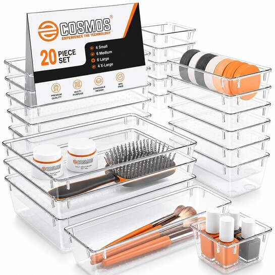 E-COSMOS® 20-Pack Transparent Drawer Organizers, Durable Polypropylene Storage Boxes, Multi-Purpose Divider Trays for Dressing Table, Vanity, Kitchen, and Office