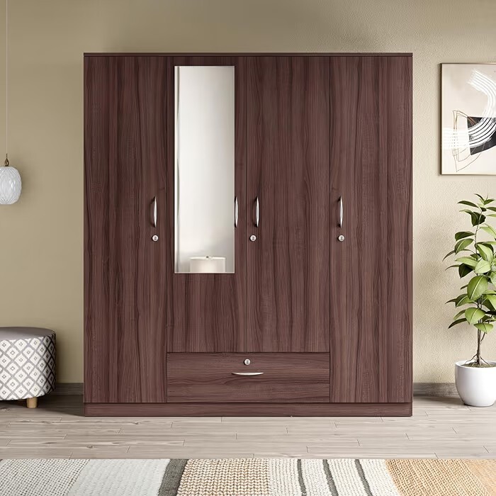 Interio by Godrej EWA 4-Door Wooden Wardrobe with Mirror | Brown