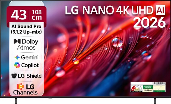 LG 108 cm (43 inch) Ultra HD (4K) LED Smart WebOS TV 2026 Edition with NANO Detail Enhancer, HDR10 Pro, 4K Super Upscaling Alpha7 AI Processor 4K Gen9, Dolby Atmos, AI Sound Pro (9.1.2 ch)