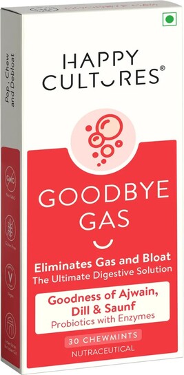 Happy Cultures Goodbye Gas Digestive ChewmintsGas Relief, Bloating Control Mint Tablet (30 No)