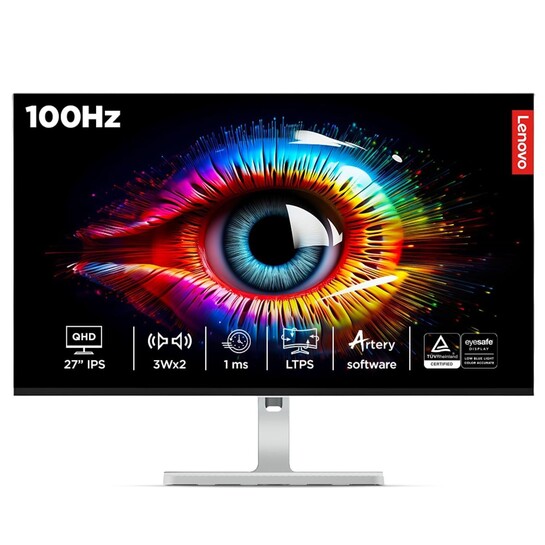 Lenovo L-Series 27 inch (68.5cm) QHD IPS Monitor| 100Hz, 1ms, FreeSync, 99% sRGB, 90% DCI-P3, 3Wx2 Speakers, 2X HDMI 2.1, 1x DP 1.4, Tilt