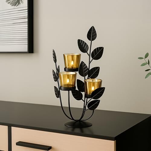 MARKET 99 Metal + Glass 3 Votive T-Light Holder Leaf Shape Black 
