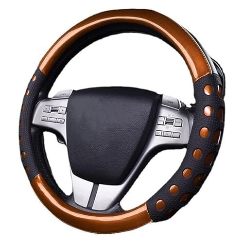NIKAVI Fashion Steering Wheel Cover - Brown Color | Size - Medium | Diameter 38 cm | D-Type | Car Steering Wheel Protector, Anti-Slip, Stylish Leather Finish Grip Cover for Flat Bottom Wheels