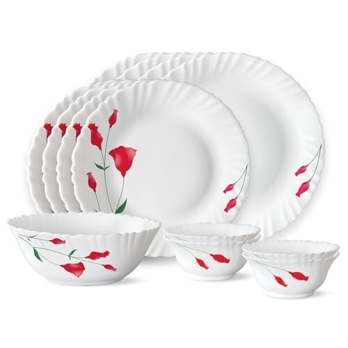 Larah by Borosil Fluted Series Diana Opalware Dinner Set of 4 Full Plate, 4 Quarter Plates (White, 13 Pieces)
