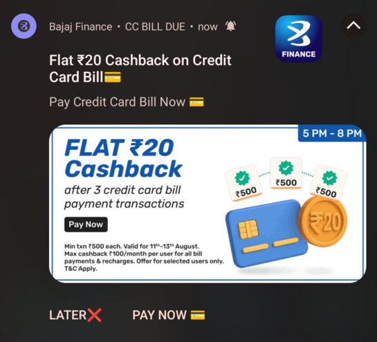 Bajaj 20 cashback on 3 x 500 cc bill payment