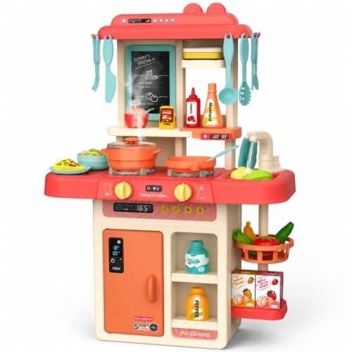 MiniExplorer Kitchen Set for Kids, Big Kitchen Playset with Sound & Light and Cooking Stove,44 Pcs Toy Kitchen Accessories with Running Water, Pretend Play Cooking Set for Girls Boys Ages 3+