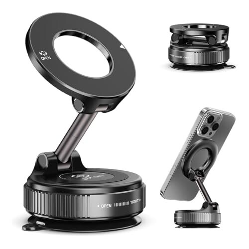 pTron Dockit 360° Magnetic Car Mobile Holder, Strong Vacuum Suction, Universal Car Mount for Dashboard, Gym, Mirror, Compact, Foldable, Rotatable Mobile Stand Compatible with All Smartphones (Black)
