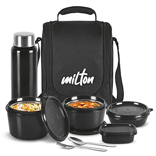 MILTON Pro Lunch Box with Steel Cutlery, 3 Microwave Safe Inner Steel Containers, Plastic Chutney Dabba, Bottle with Bag.