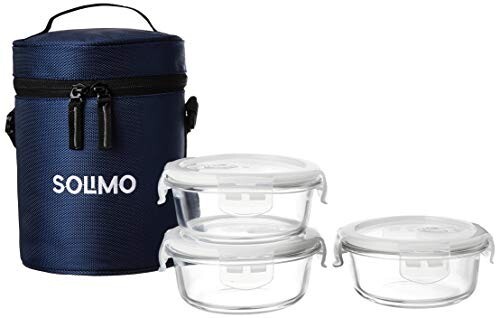 Amazon Brand - Solimo Glass Lunch Box Set with Sliding Air Vents and Bag (3 pieces, 400ml, Transparent)
