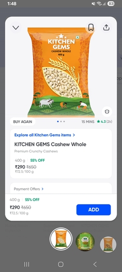 Instamart: 400gm Cashew at 290