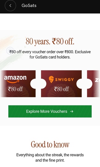 Gosats - get 80 rs off on 800rs Flipkart/ ASV/ SWIGGY/ZOMATO Gift card 