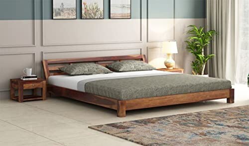 Solid Sheesham Wood Queen Size Bed Without Storage Wooden Double Bed Cot for Bedroom Living Room Home and Hotel (Teak Finish)
