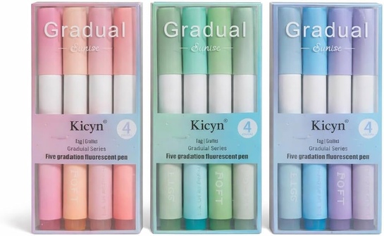 Gradient Shadow Highlighter Pens 12 Pcs Set of 3 | Multicolor | Smooth Ink | School Office Notes