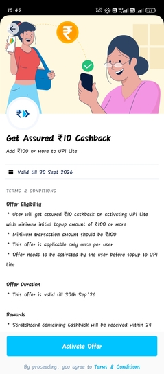 Activate PAYTM upi lite. Add 100.get 10 cb