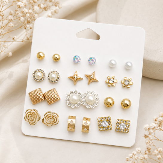 12-Pair Gold & Pearl Stud Earring Combo Set